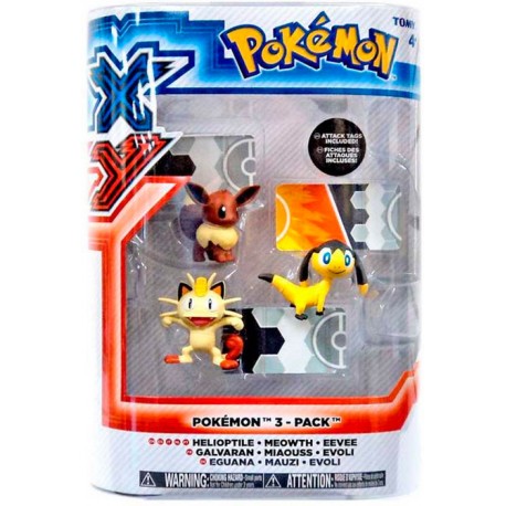 3 Bonecos Pokémon XY Helioptile,Meowth e  Eevee Tomy