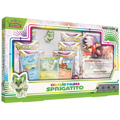Box Pokémon Coleção Paldea Sprigatito com Broche e Carta Gigante Koraidon EX Copag