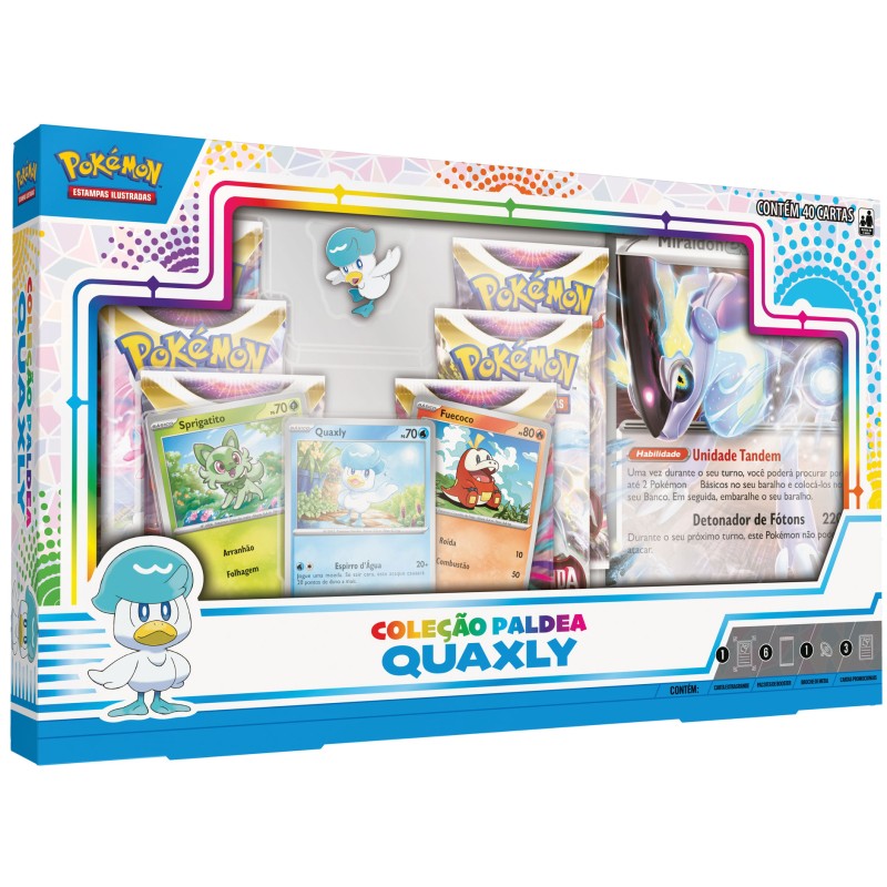 Box Pokémon Coleção Paldea Quaxly com Broche e Carta Gigante Miraidon EX  Copag