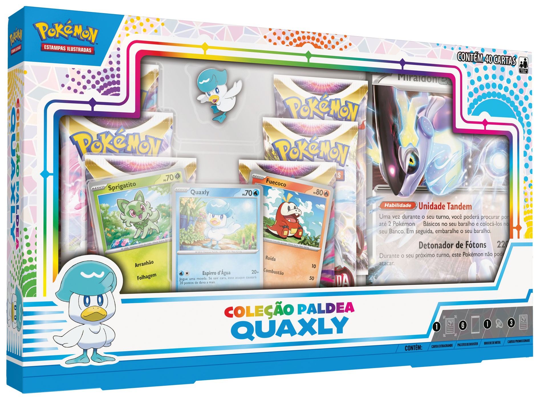 Box Pokémon Coleção Paldea Quaxly com Broche e Carta Gigante Miraidon EX  Copag