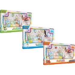 3 Box Pokémon Coleção Paldea Fuecoco, Sprigatito e Quaxly com Broche e Carta Gigante Koraidon e Miraidon EX Copag