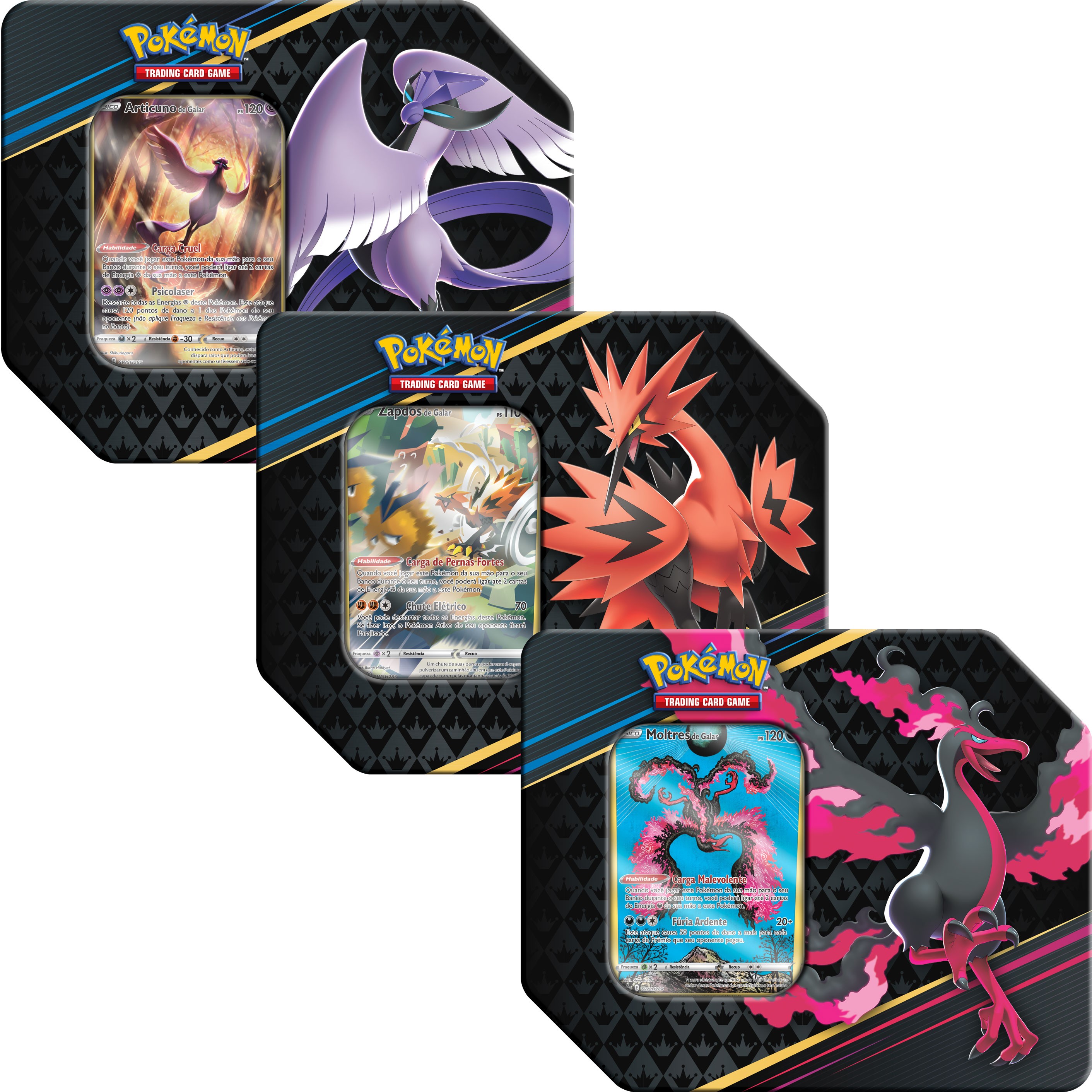 Pokemon TCG Estampas Ilustradas 3 Latas Articuno Zapdos Moltres De Galar  Realeza Absoluta Copag - 32193 - Distribuidora Tropical Santos