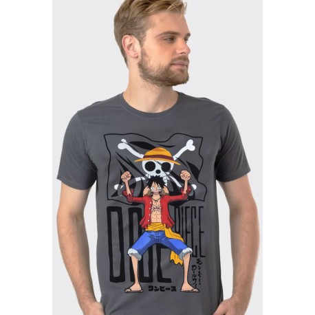 Camiseta One Piece Monkey D. Luffy Flag Cinza