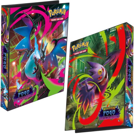 Pasta Fichário Pokémon Mega Evolução Fogo Fantasmagórico Capa Dura 4 Argolas