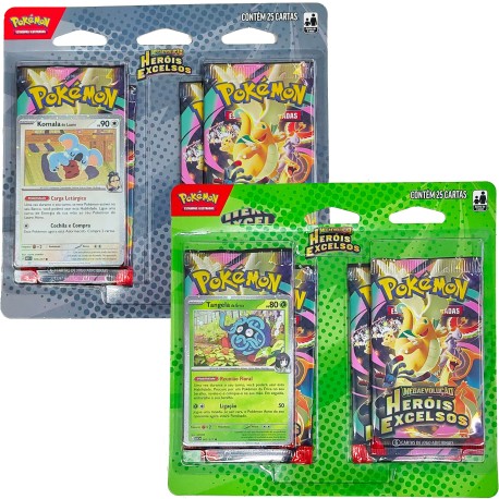 Kit com 2 Quádruplo Pack Pokémon Mega Evolução Heróis Excelsos Komala do Lauro e Tangela da Érica Copag