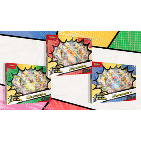 3 Box Pokémon Mega Evolução Heróis Excelsos Coleção Mega Meganium EX, Mega Emboar EX e Mega Feraligatr EX Copag