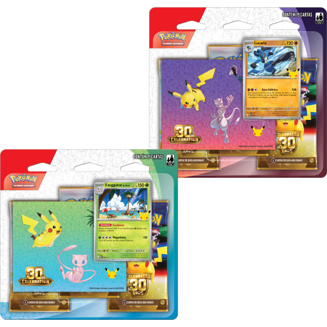 Kit com 2 Triple Pack Pokémon Celebração de 30 anos Lucario e Exeggutor de Alola com Adesivos Copag